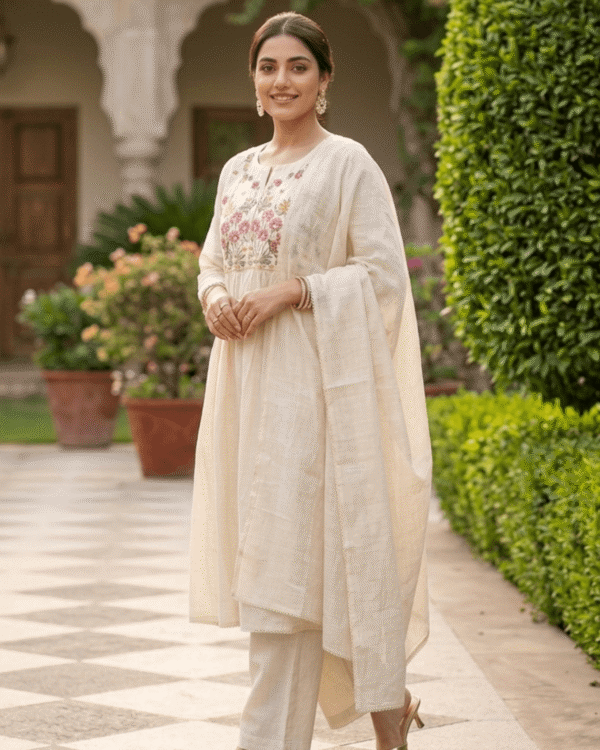 ivory malmal embroidered kurta and straight pant with dupatta