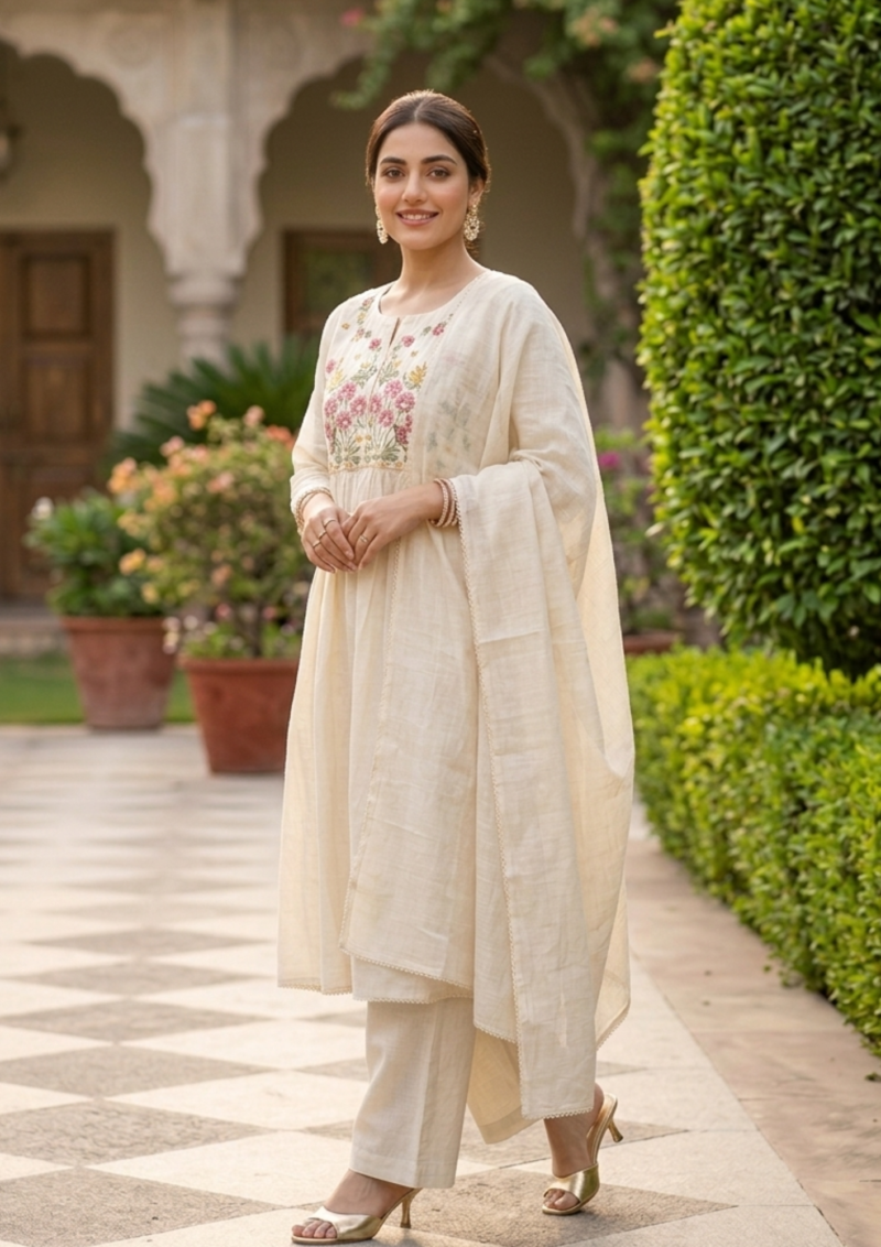 ivory malmal embroidered kurta and straight pant with dupatta
