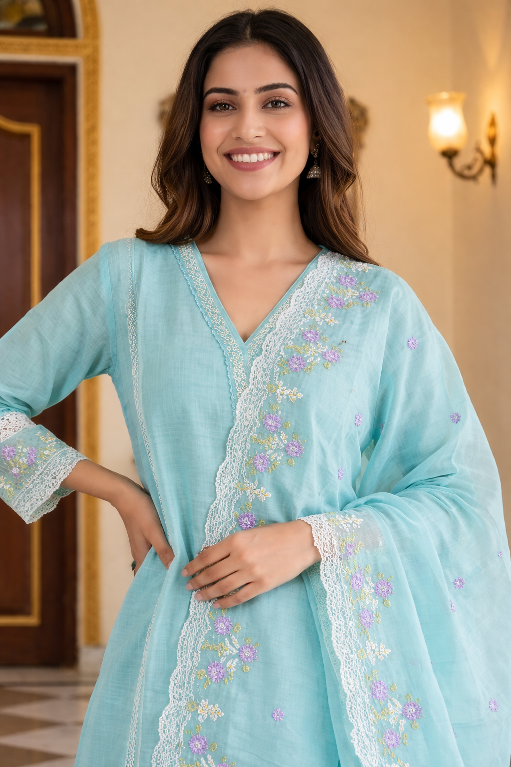 sea green organza embroidered kurta pant set with dupatta
