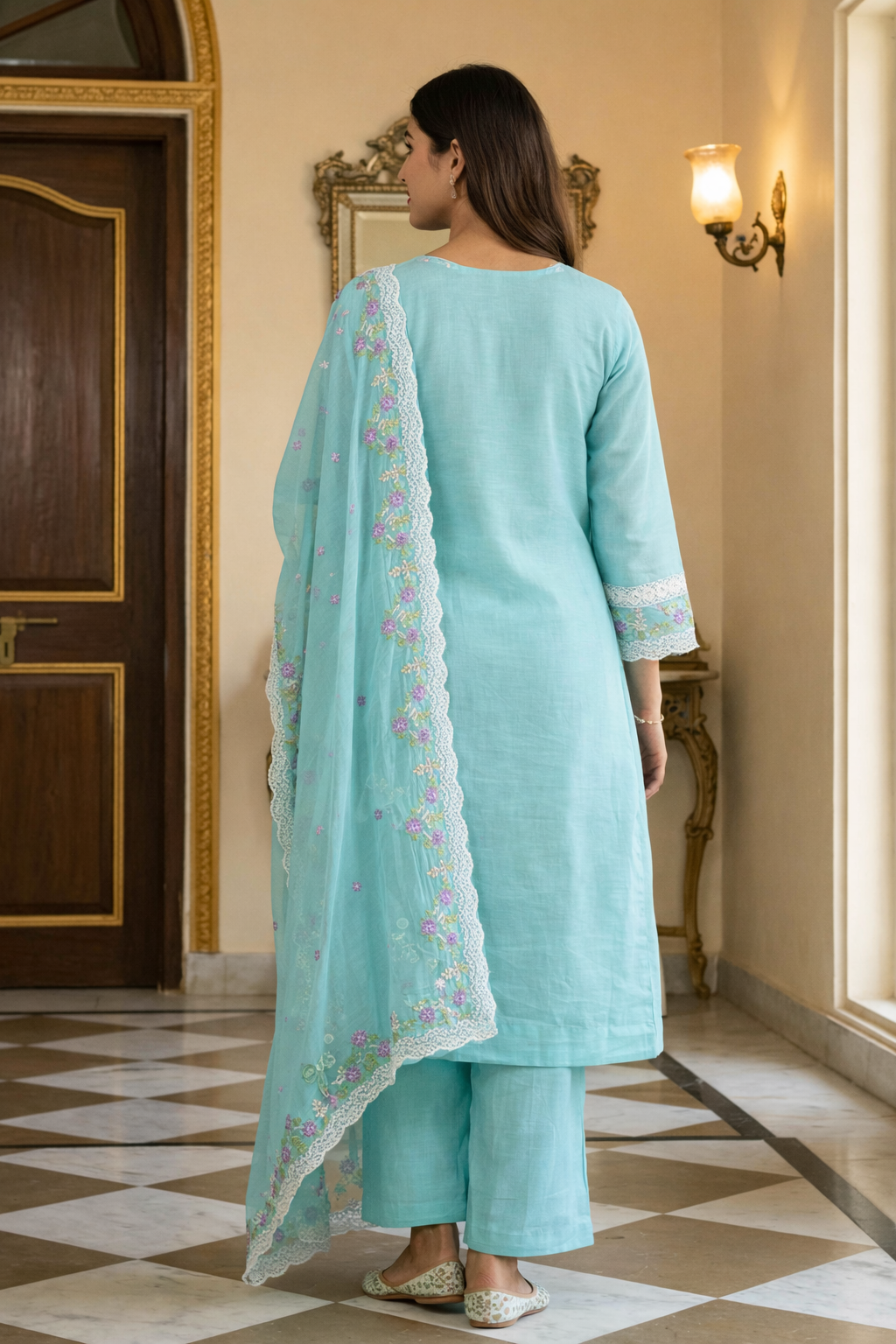 sea green organza embroidered kurta pant set with dupatta