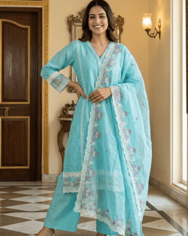 sea green organza embroidered kurta pant set with dupatta