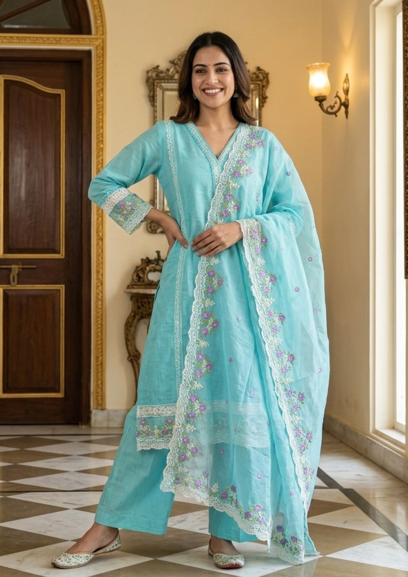 sea green organza embroidered kurta pant set with dupatta