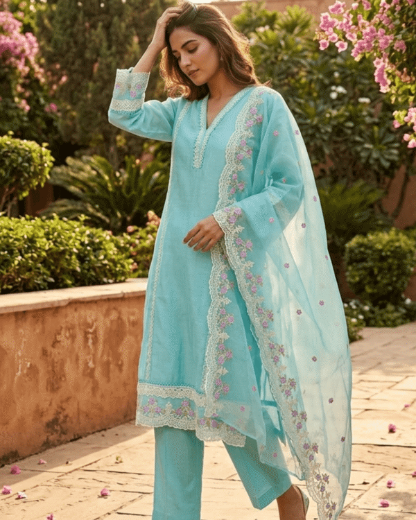 sea green organza embroidered kurta pant set with dupatta