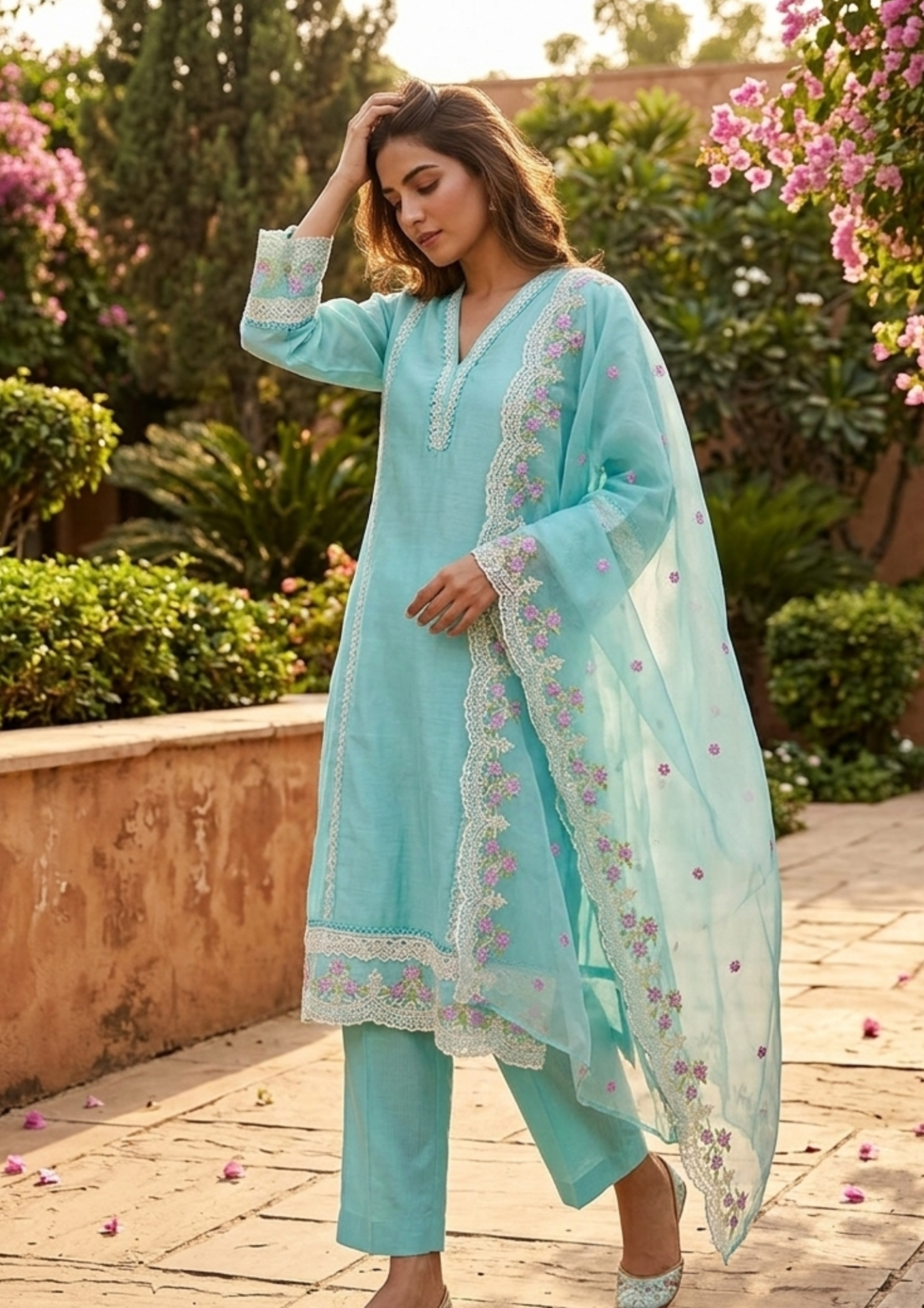sea green organza embroidered kurta pant set with dupatta