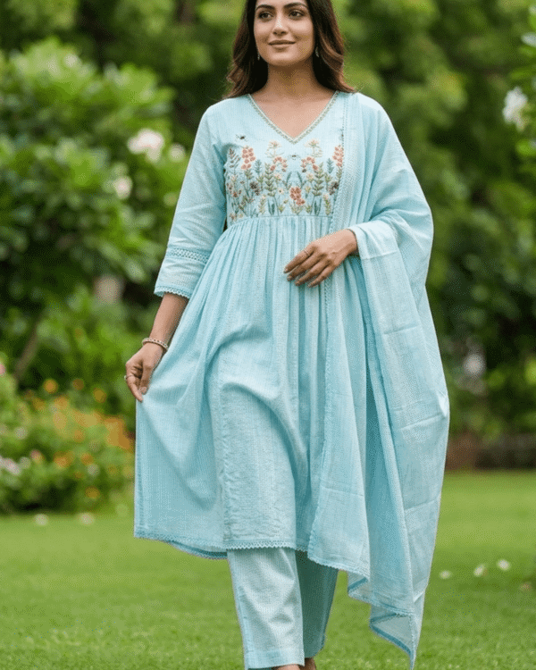pastel blue malmal embroidered kurta pant set with dupatta
