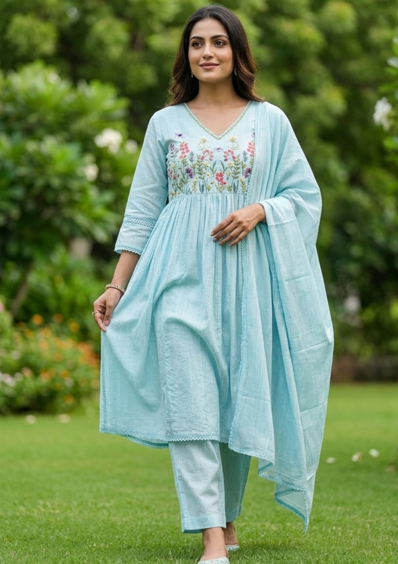 pastel blue malmal embroidered kurta pant set with dupatta