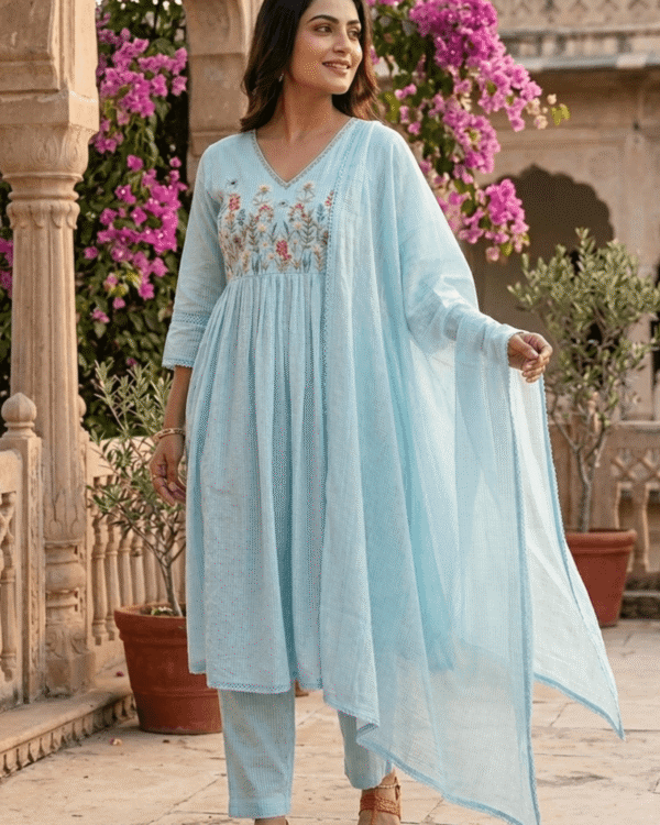 pastel blue malmal embroidered kurta pant set with dupatta