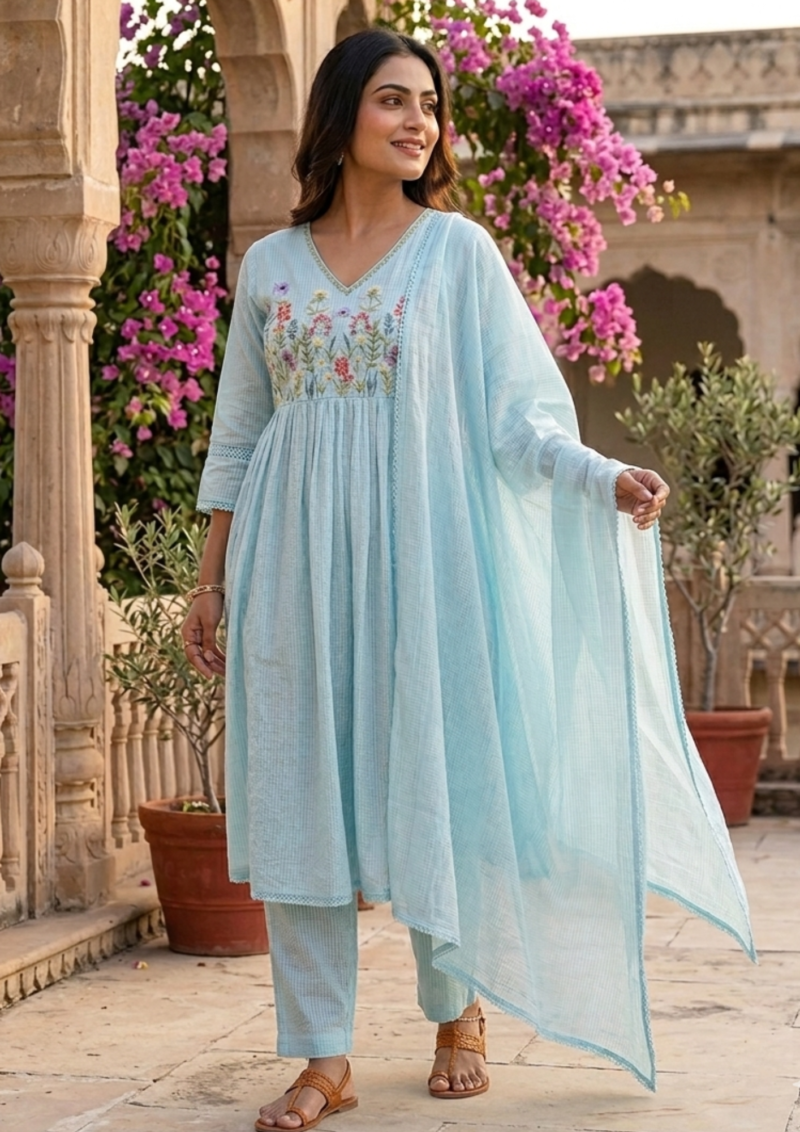 pastel blue malmal embroidered kurta pant set with dupatta