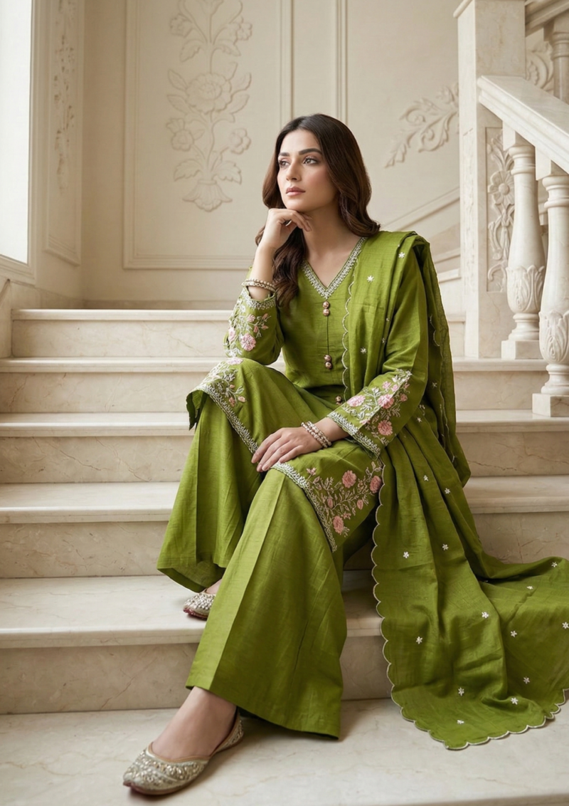 olive green silk embroidered kurta pant set with dupatta
