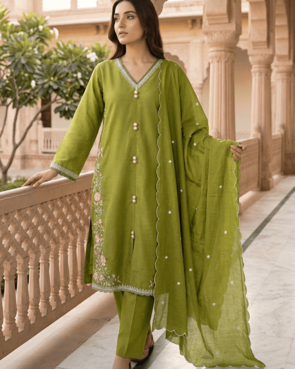 olive green silk embroidered kurta pant set with dupatta