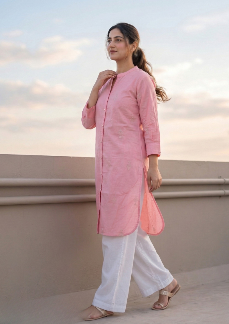 pink minimal embroidery cotton silk kurta