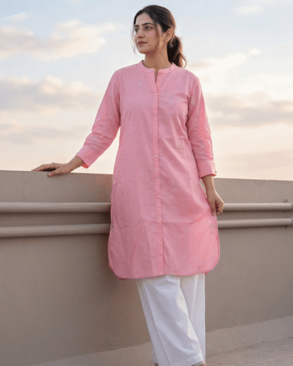 pink minimal embroidery cotton silk kurta
