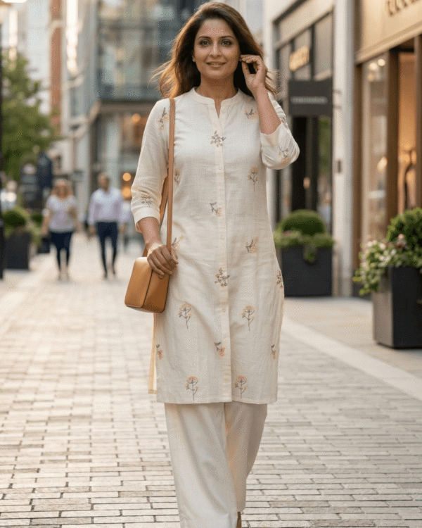 cream floral embroidery cotton kurta