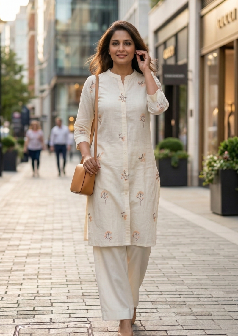 cream floral embroidery cotton kurta