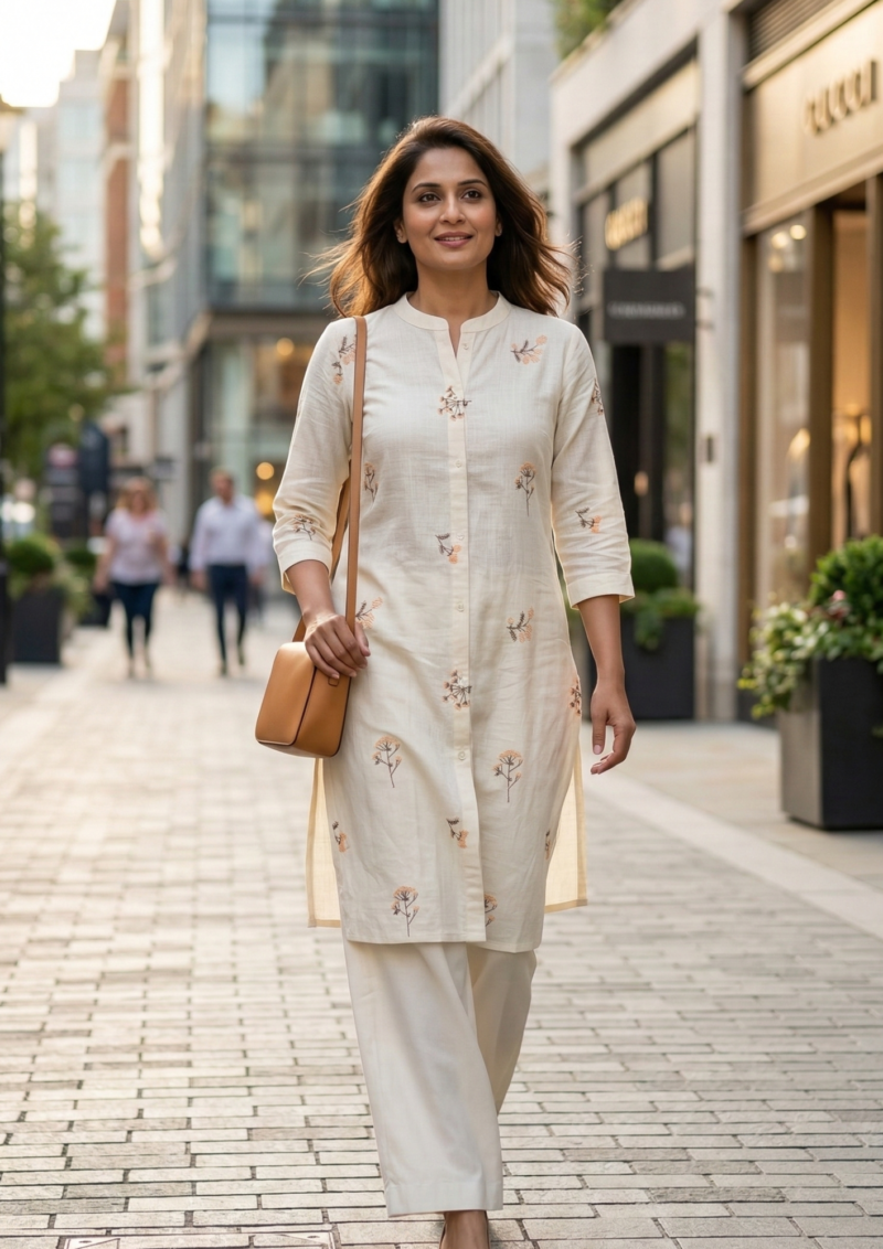 cream floral embroidery cotton kurta