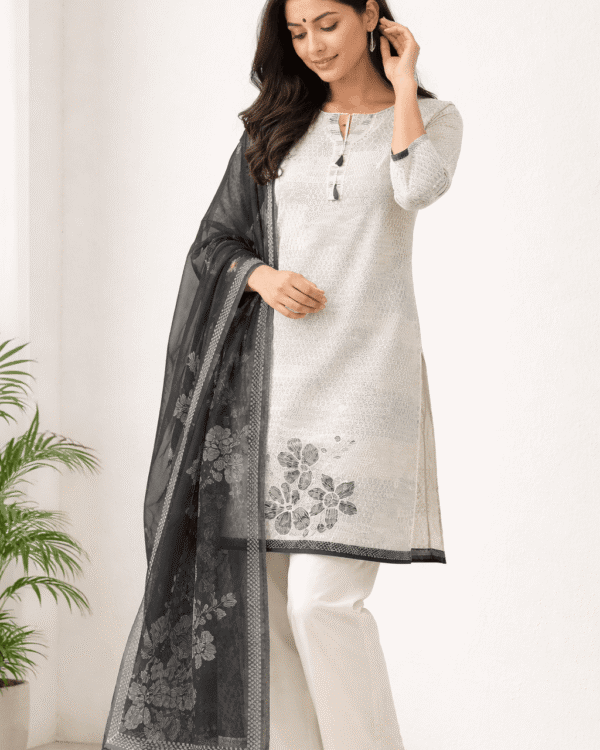 unstitched sage grey cotton floral printed suit set with charcoal black dupatta