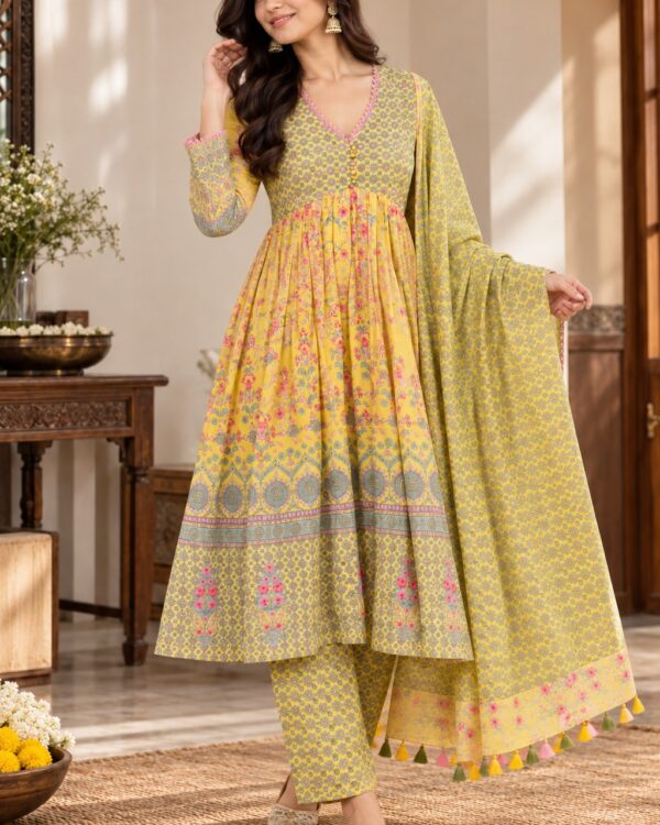 Mustard yellow malmal floral kurta palazzo set with printed dupatta