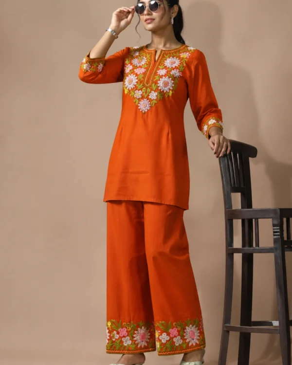 Rust Orange Embroidered Cotton short Kurta With Straight Pant