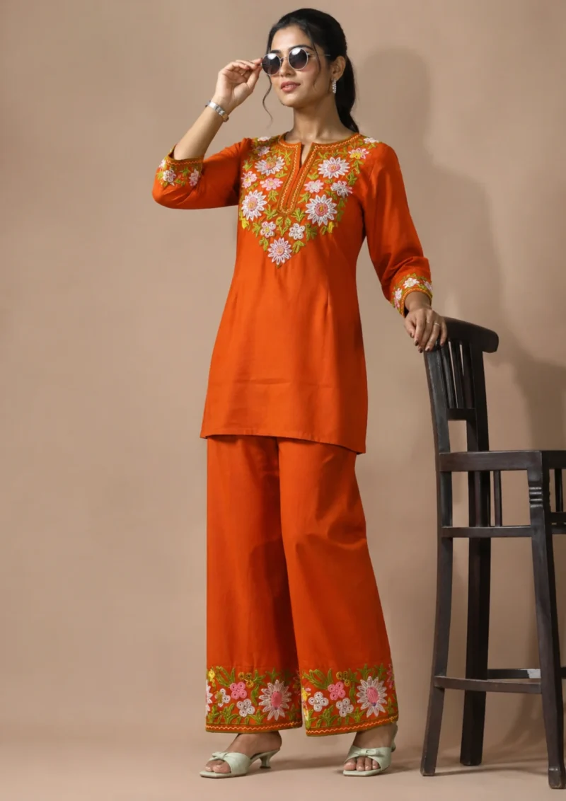 Rust Orange Embroidered Cotton short Kurta With Straight Pant