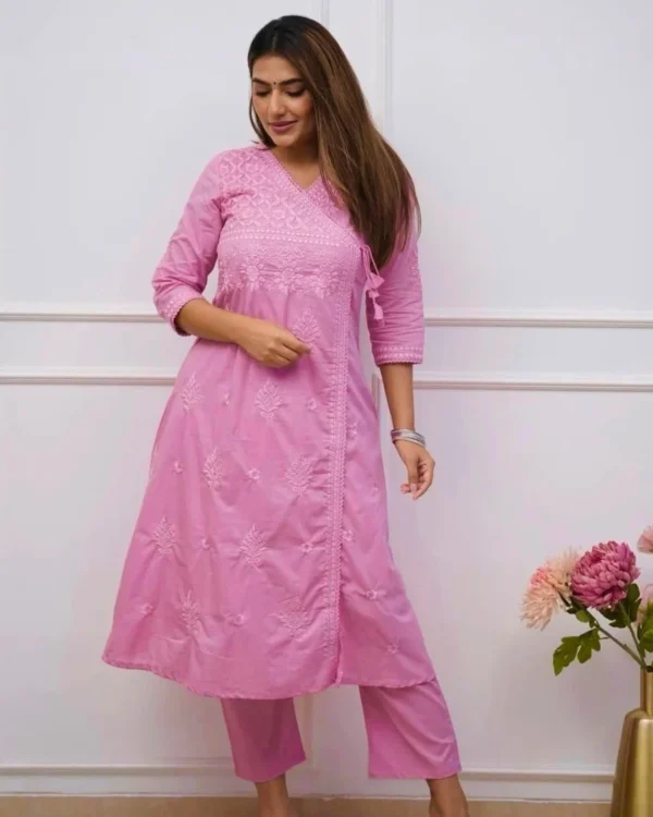 Pink Cotton blend angrakha style kurta with straight pant