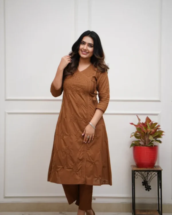 Brown Cotton blend angrakha style kurta with straight pant