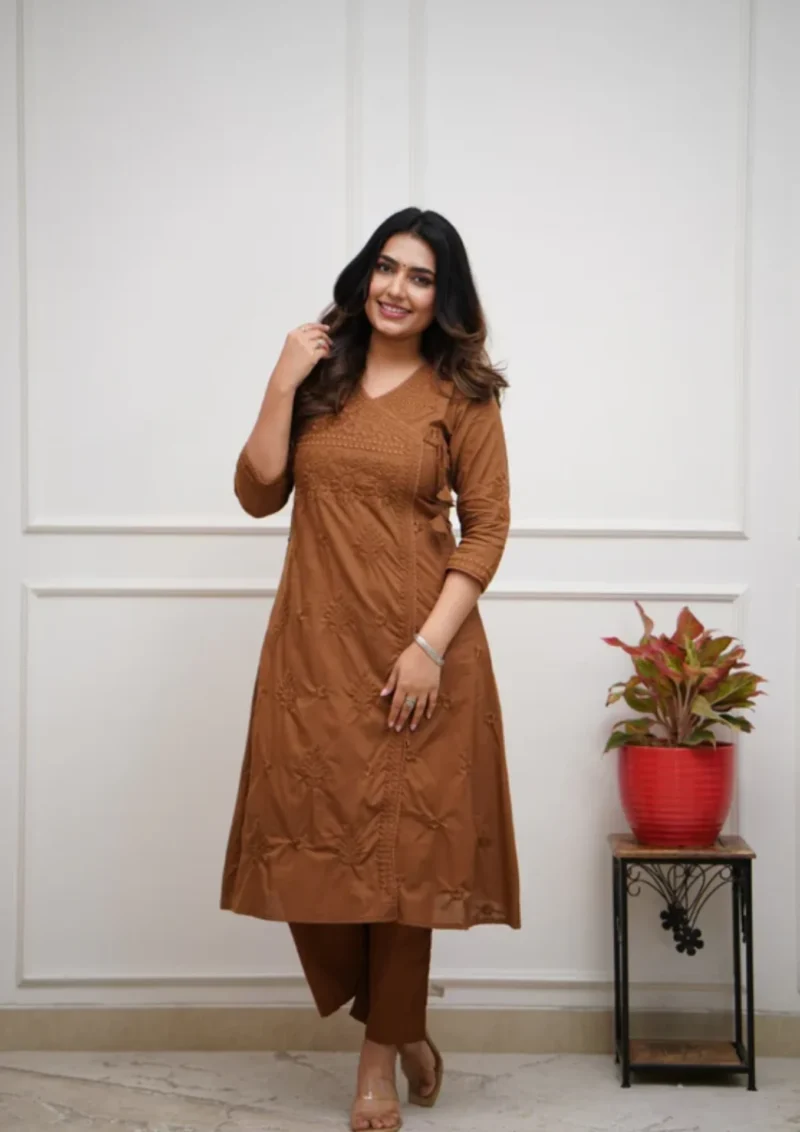 Brown Cotton blend angrakha style kurta with straight pant