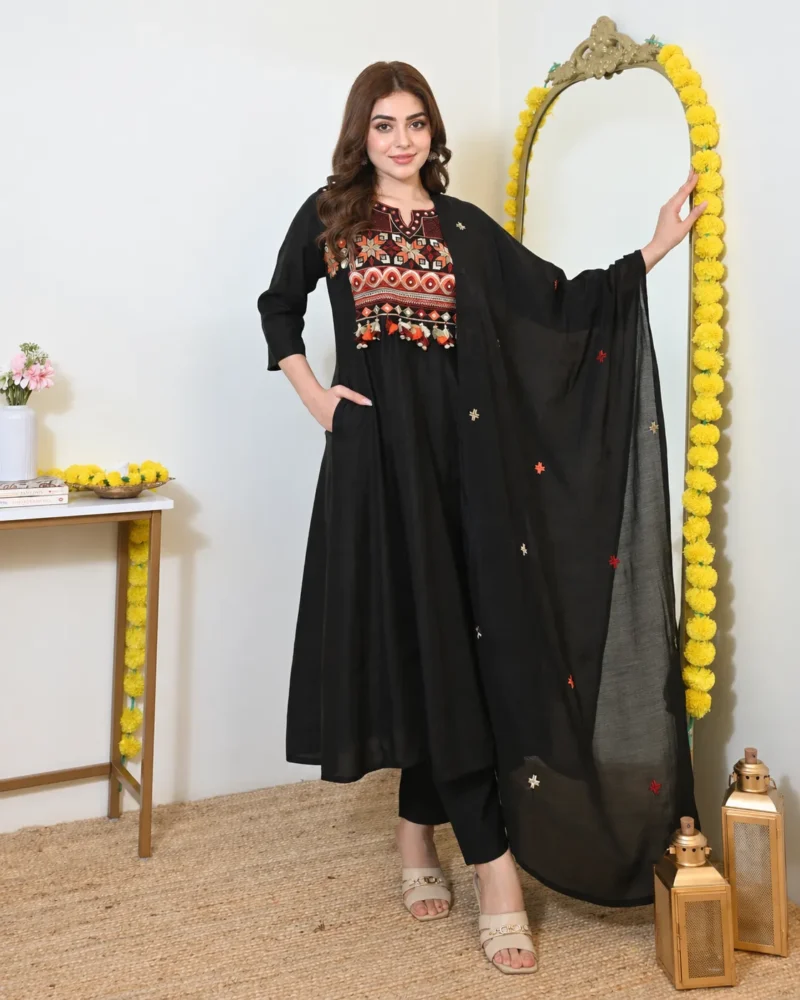 Black kurta with red and orange embroidery and pant set