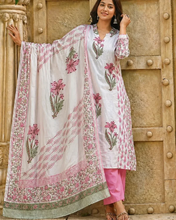 Green and Pink Block Printed Cotton Kurta Pant Set With Dupatta