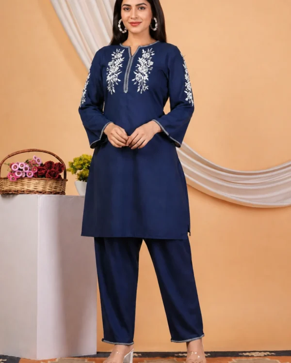 Blue with white threadwork cotton kurta with pant