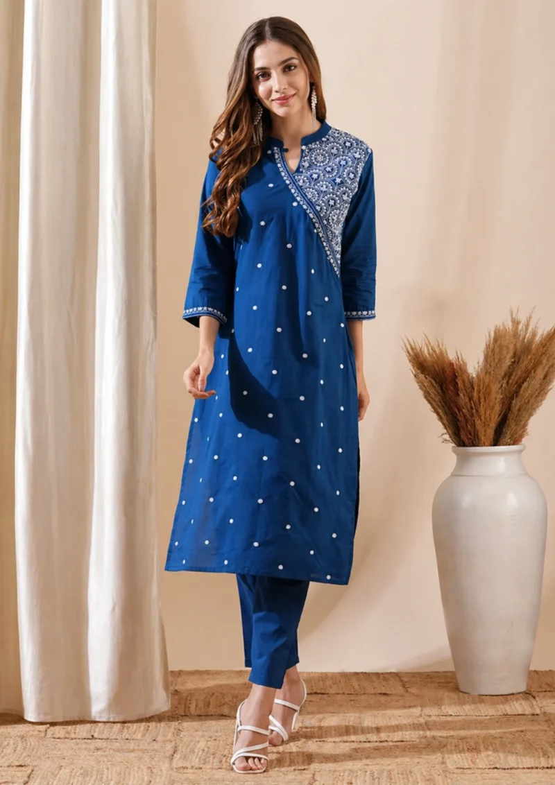 Blue cotton kurta with straight pant