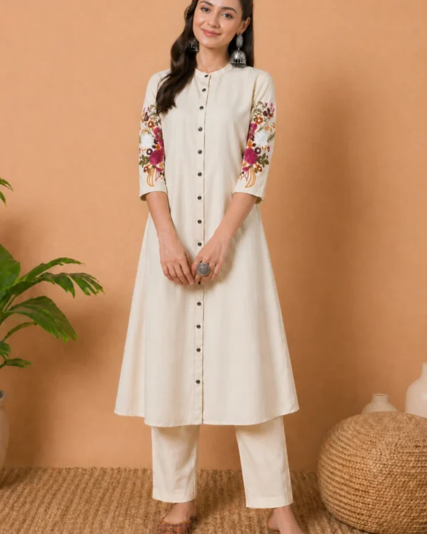 Off white kurta with red embroidery and pant set