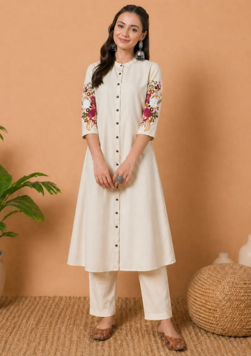 Off white kurta with red embroidery and pant set