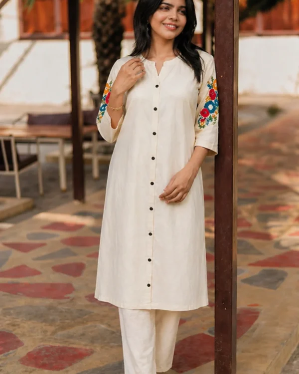 Off white kurta with blue embroidery and pant set