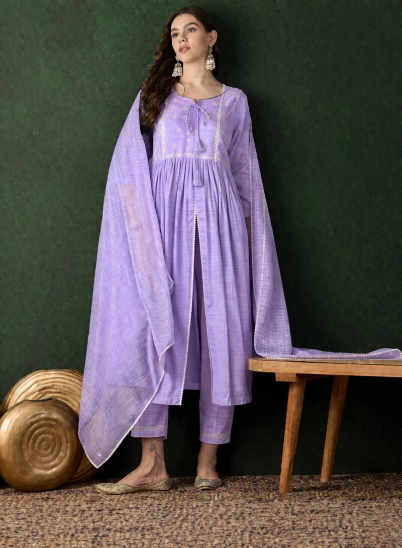 Kota doria lavender kurta pant set with dupatta