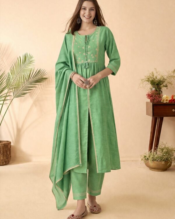 Kota doria green kurta pant set with dupatta
