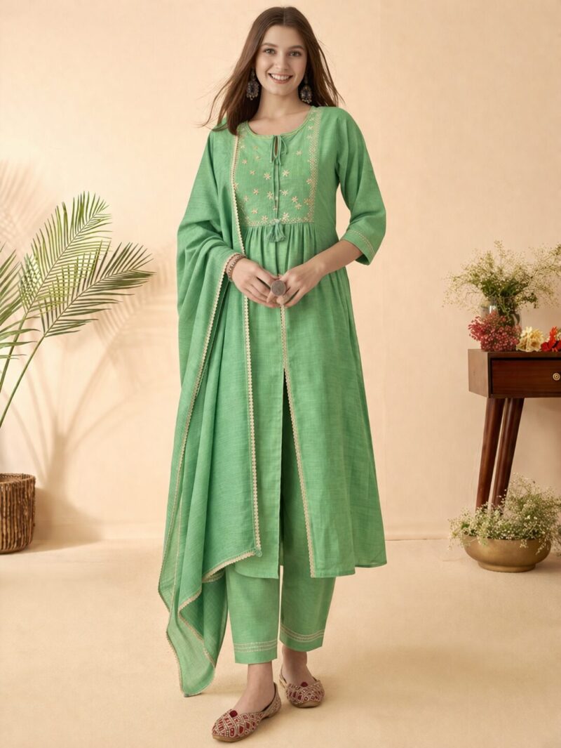 Kota doria green kurta pant set with dupatta