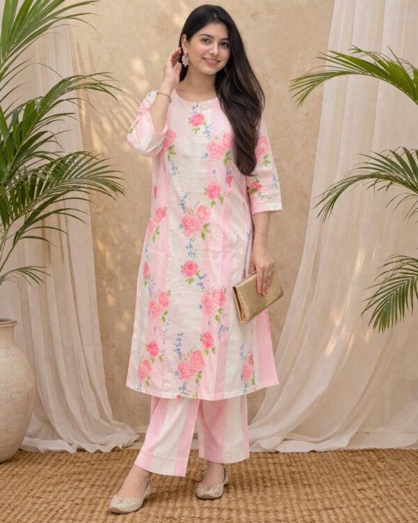 Soft cotton blend blush pink with floral prints kurta pant set