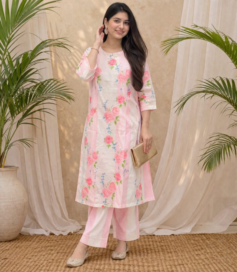 Soft cotton blend blush pink with floral prints kurta pant set