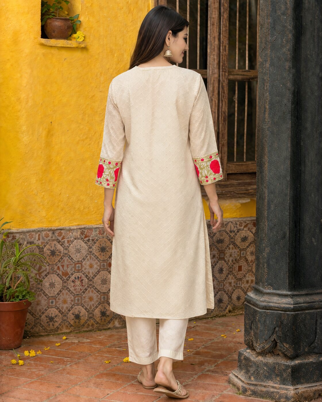 Soft cotton in ivory base with red floral prints kurta pant set - Image 3