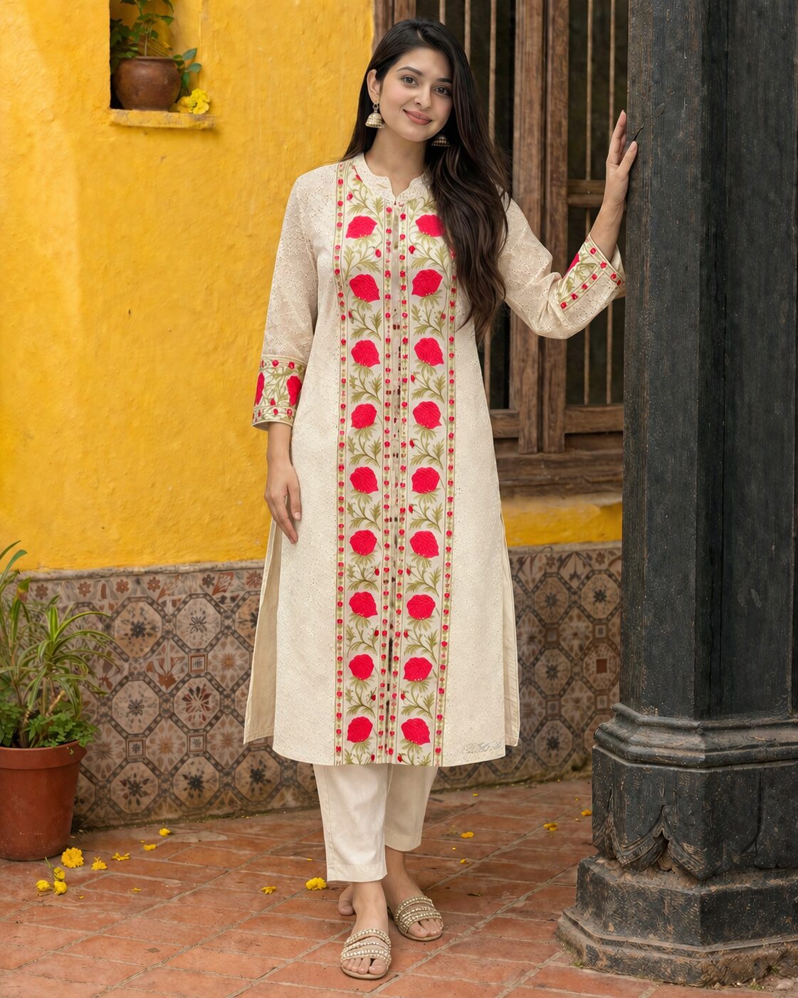 Soft cotton in ivory base with red floral prints kurta pant set