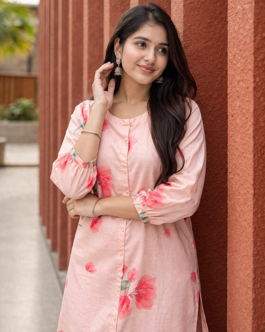 Soft cotton blend fabric in blush peach with delicate floral prints - Image 3