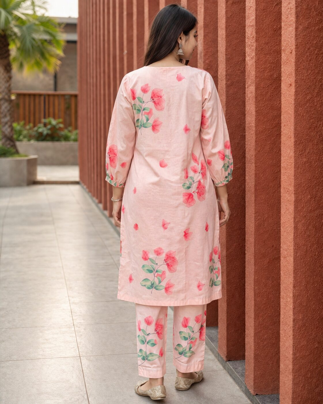 Soft cotton blend fabric in blush peach with delicate floral prints - Image 2