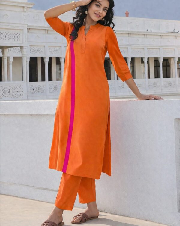Orange linen colour block Kurta pant set