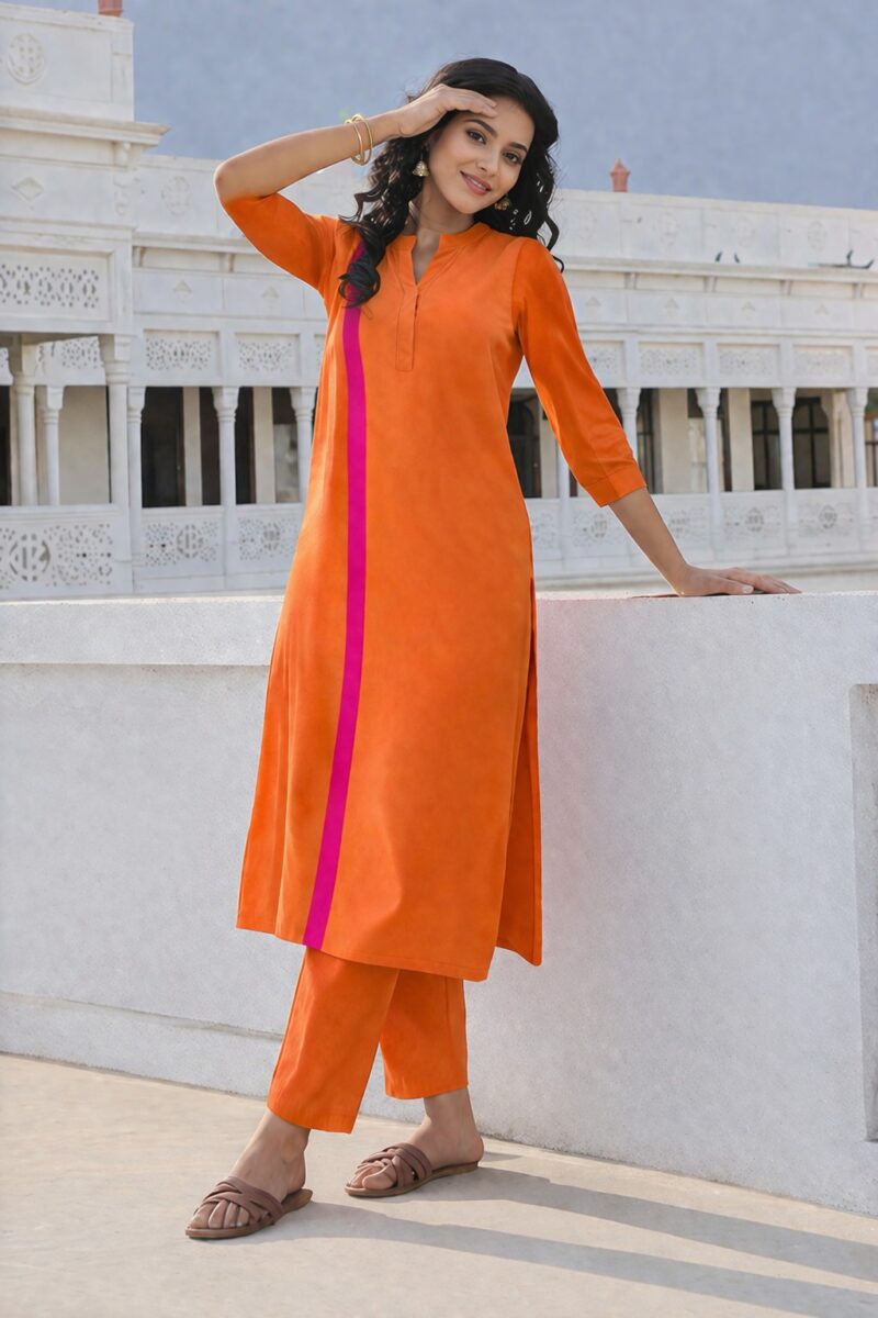 Orange linen colour block Kurta pant set