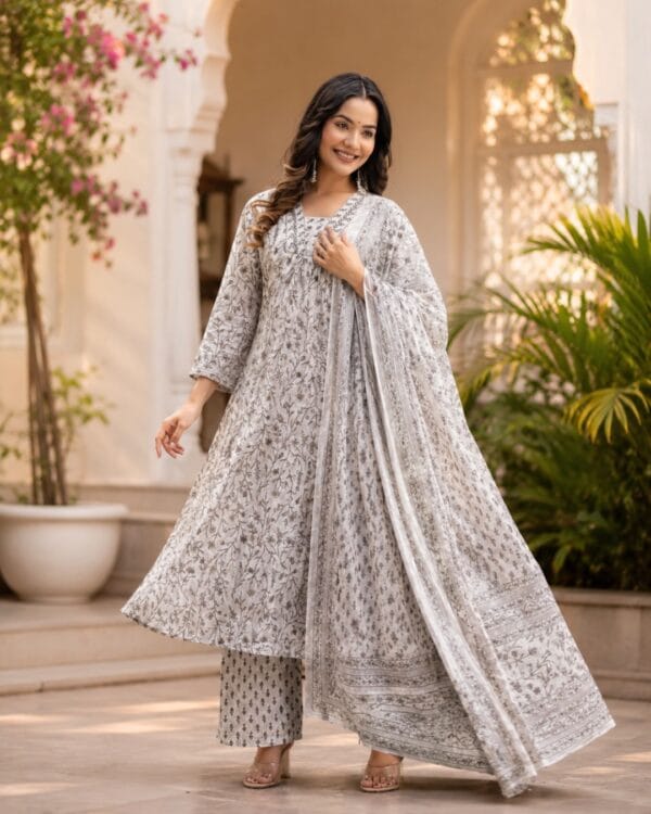 White And Grey Floral Printed Cotton Kurta Pant With Dupatta