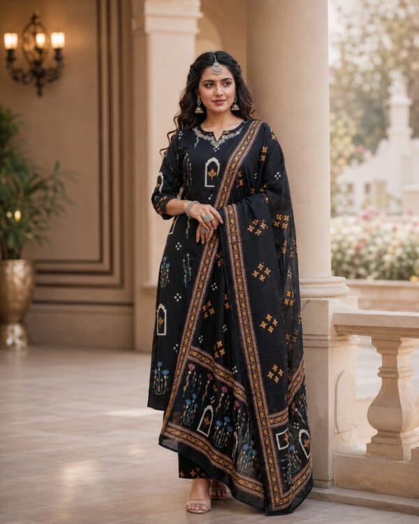 Black Printed Cotton Kurta Pant With Dupatta