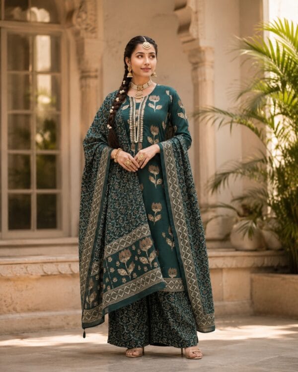 Dark Green Floral Printed Cotton Kurta Pant With Dupatta