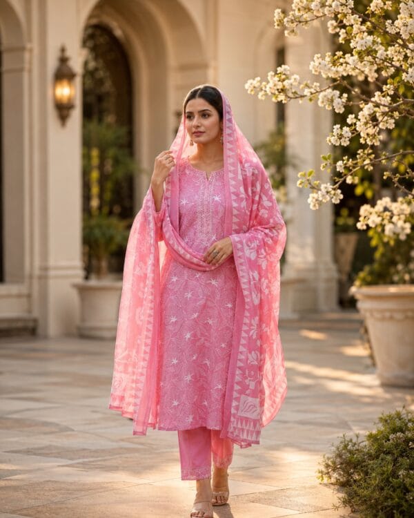 Pink Block Printed Cotton  Kurta Pant With Dupatta