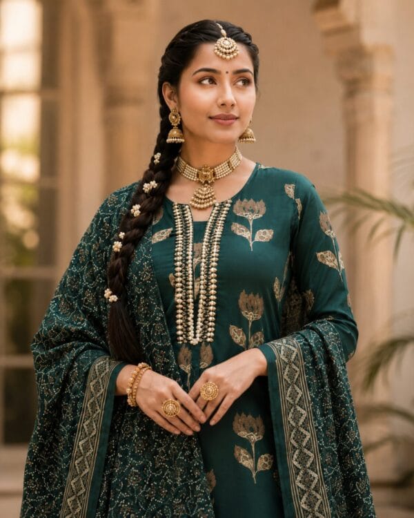 Dark Green Floral Printed Cotton Kurta Pant With Dupatta
