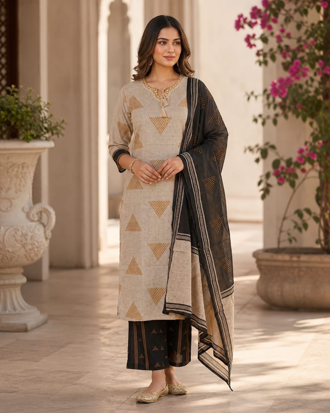 Beige And Black Block Printed Cotton Kurta Pant With Dupatta